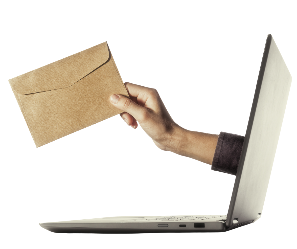 Hand reicht einen Brief durch einen Laptop Bildschirm (Symbolfoto Newsletterversand)