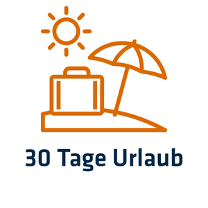 1 Icon mit Strand, Sonne, Sonnenschirm und Aktuentasche, darunter der Schriftzug "30 Tage Urlaub"