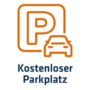 2 Icon für Parkplatz mit kleinem Auto, darunter der Schriftzug "Kostenloser Parkplatz"