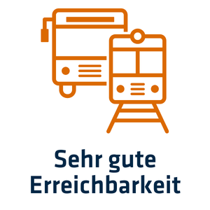 3 Icon eines Busses und einer Bahn, darunter der Schriftzug "sehr gute Erreichbarkeit"