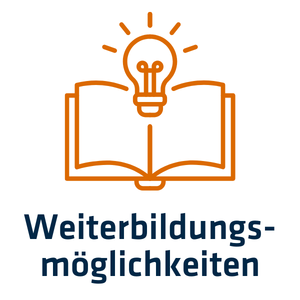 4 Icon mit aufgeklapptem Buch und leuchtender Glühbirne sowie Schriftzug "Weiterbildungsmöglichkeiten"
