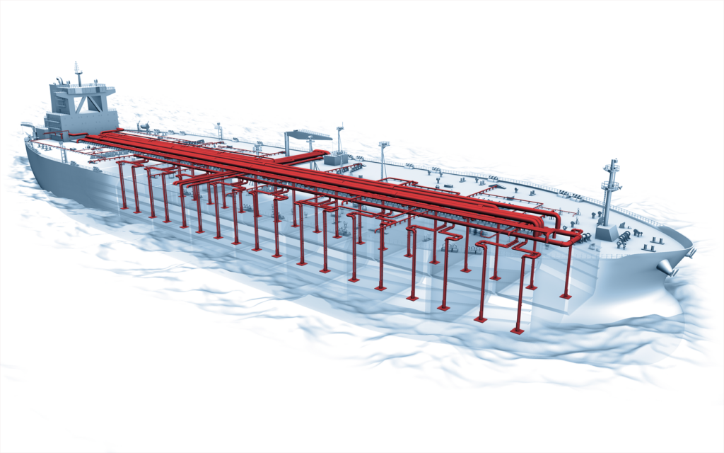 3D Tanker Rohrleitungssystem auf einem Tankschiff mit komplexen Rohrverläufen für maritime Anwendungen